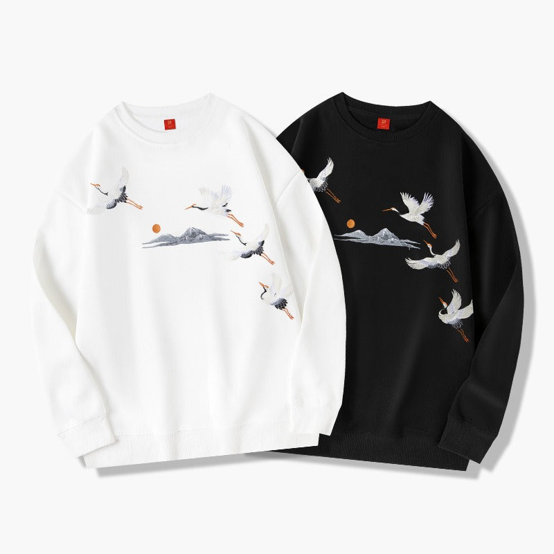 Men's Crane Embroidered Round Neck Sweatshirt