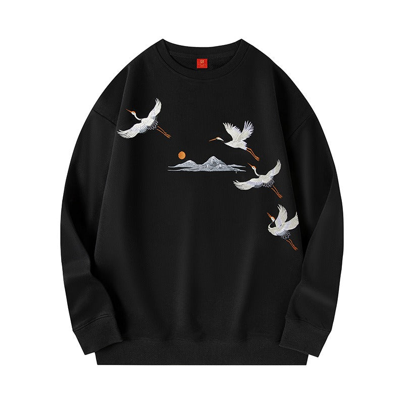 Men's Crane Embroidered Round Neck Sweatshirt