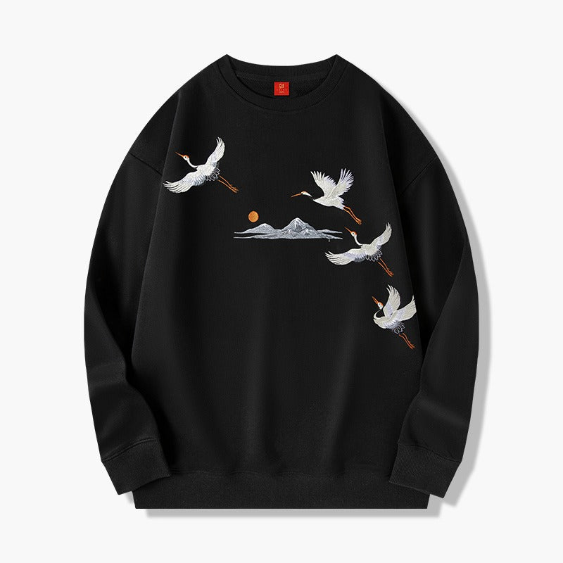 Men's Crane Embroidered Round Neck Sweatshirt