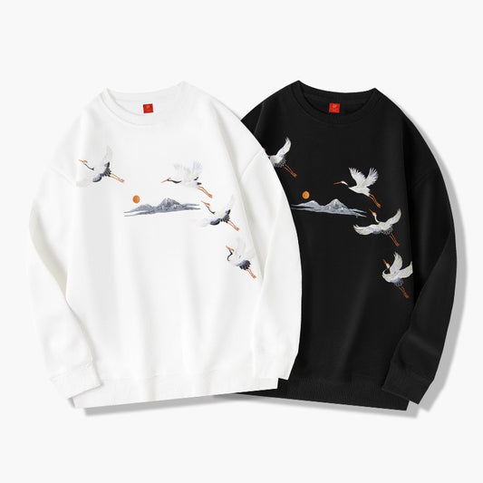 Men's Crane Embroidered Round Neck Sweatshirt
