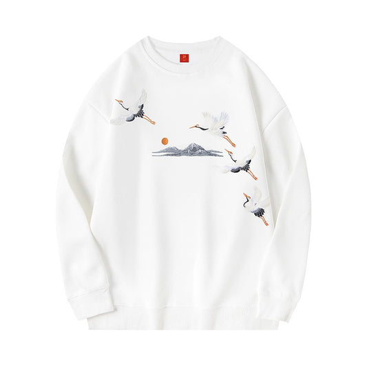 Men's Crane Embroidered Round Neck Sweatshirt