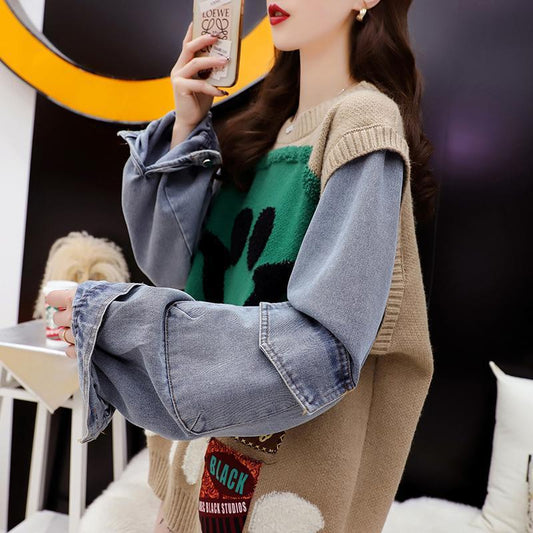 Women's Design-Inspired Denim Sleeve Patchwork Sweater