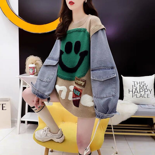 Women's Design-Inspired Denim Sleeve Patchwork Sweater